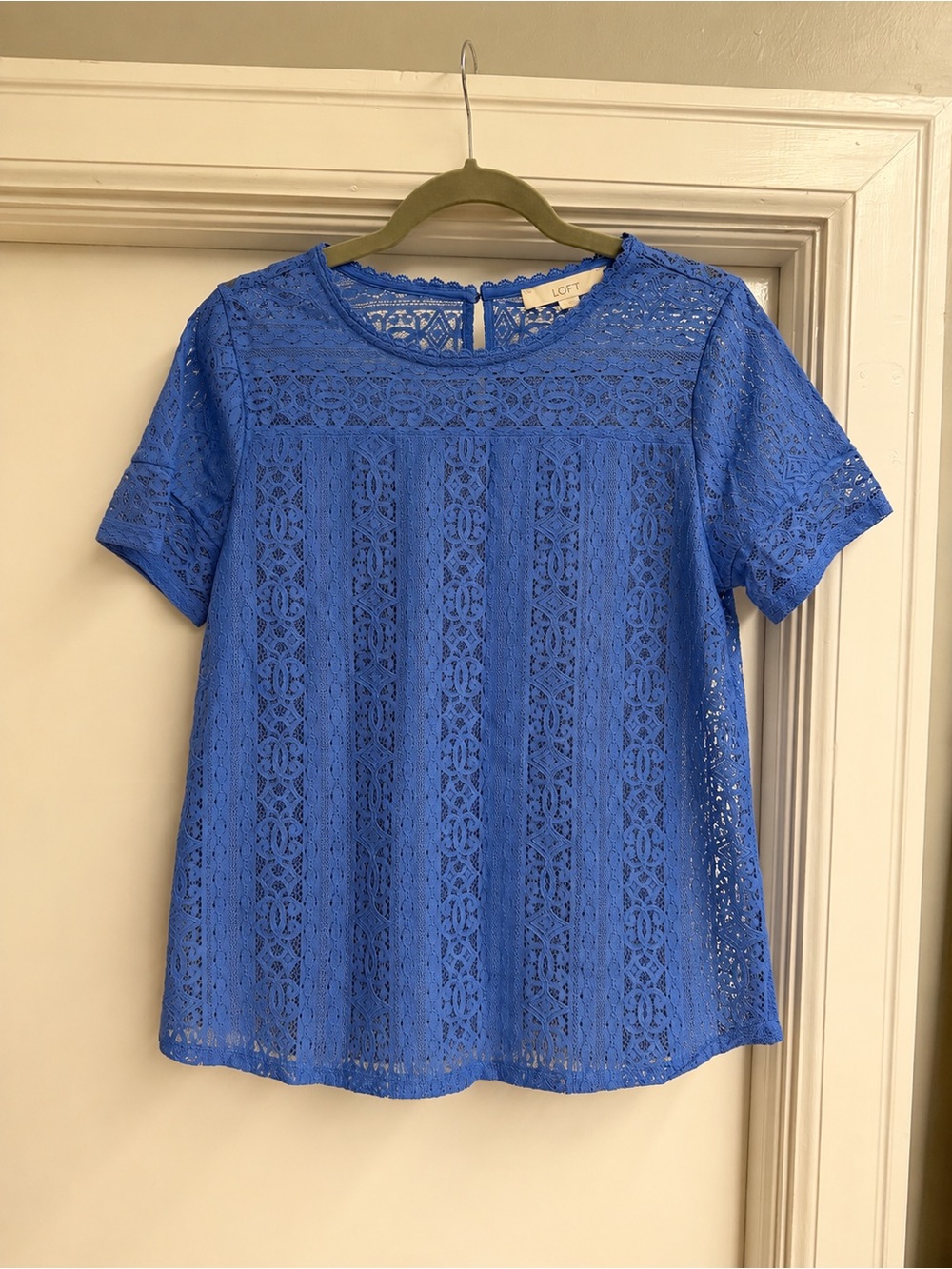 LOFT Corn Blue Lace Short Sleeve Top, Size S